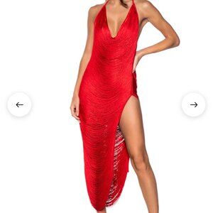 AKIRA GIANINA FRINGED COWL NECK MAXI DRESS IN RED